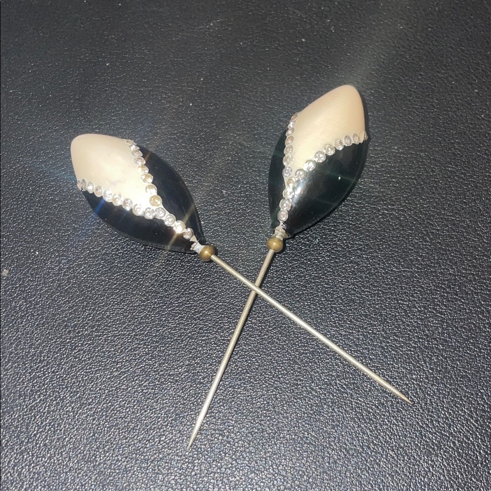 Elegant Black and Cream Hat Pins with Rhinestones